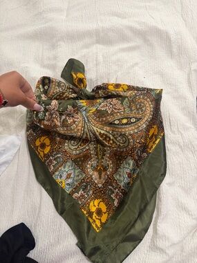 Silk-Feel Paisley Bandana Scarf/ too  in Olive and Mustard
